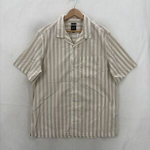 Gap Shirt Mens Large Beige Khaki Stripe Short Sleeve Button Up Poplin Stretch